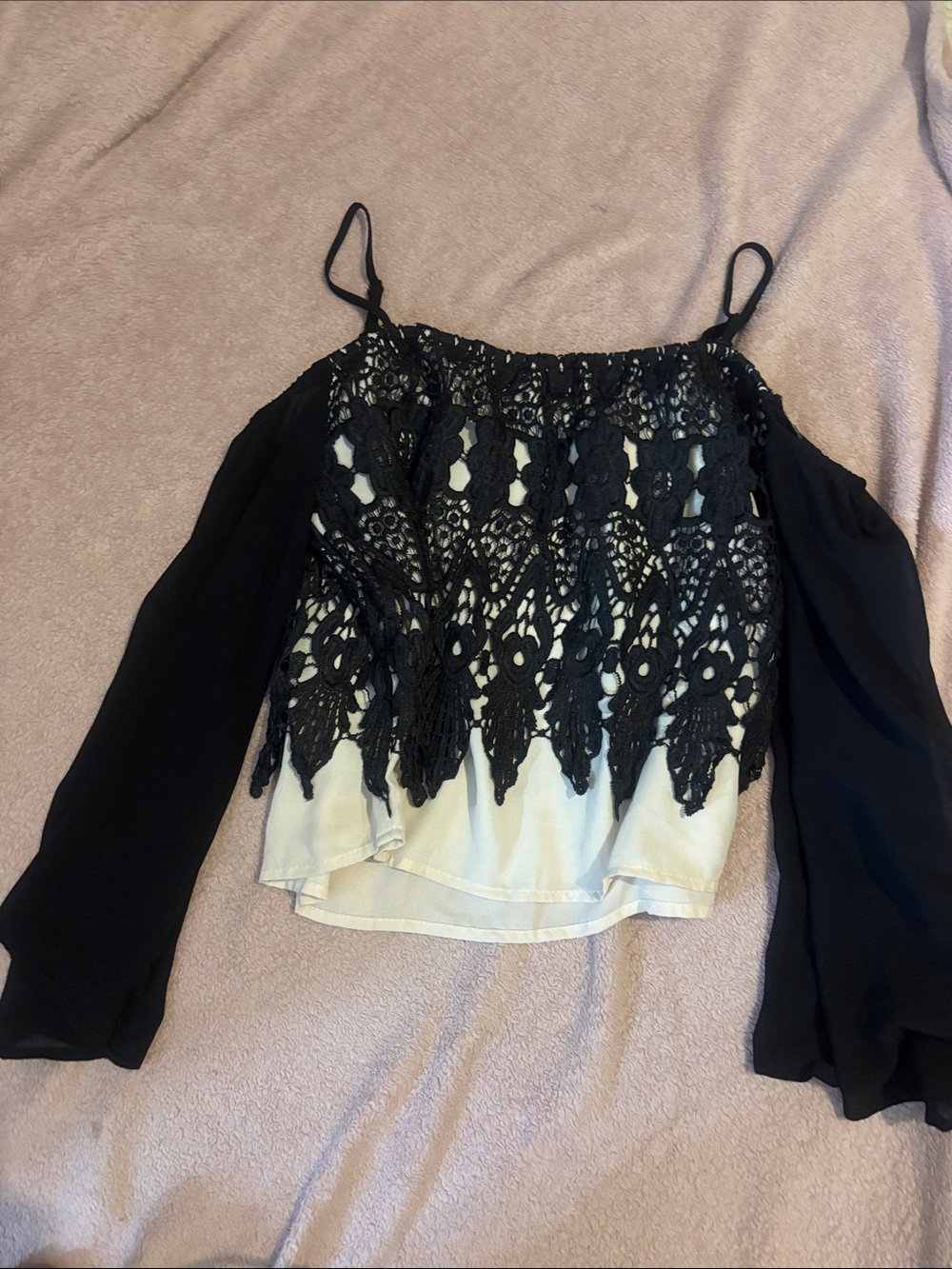 Jealous Tomato Black Crochet Off-Shoulder Blouse with Cream Lining